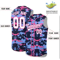 Navy Light Blue and Pink Camo Sleeveless Baseball Jersey 3