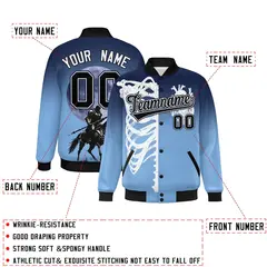 Navy Light Blue Black Halloween Skeleton Varsity Jacket Moisture-Wicking 2