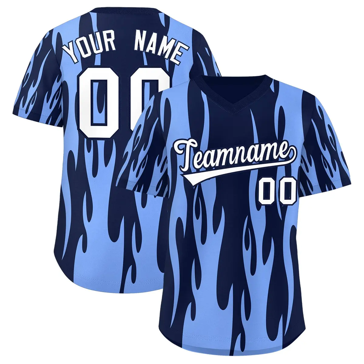 Navy Light Blue Flame Pattern Pullover Baseball Jersey