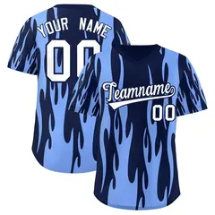 Navy Light Blue Flame Pattern Pullover Baseball Jersey