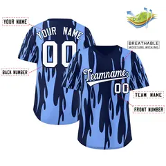 Navy Light Blue Flame Pattern Pullover Baseball Jersey 2