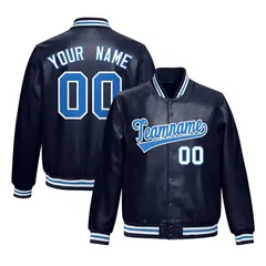 Navy Light Blue Full-Snap Varsity Faux Leather Letterman Jacket 1