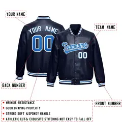Navy Light Blue Full-Snap Varsity Faux Leather Letterman Jacket 2