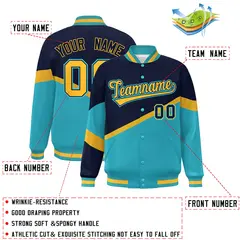 Navy Light Blue Gold-Navy Color Block Varsity Baseball Jacket 2