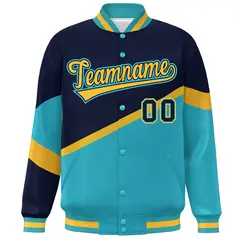 Navy Light Blue Gold-Navy Color Block Varsity Baseball Jacket 3