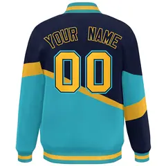 Navy Light Blue Gold-Navy Color Block Varsity Baseball Jacket 4