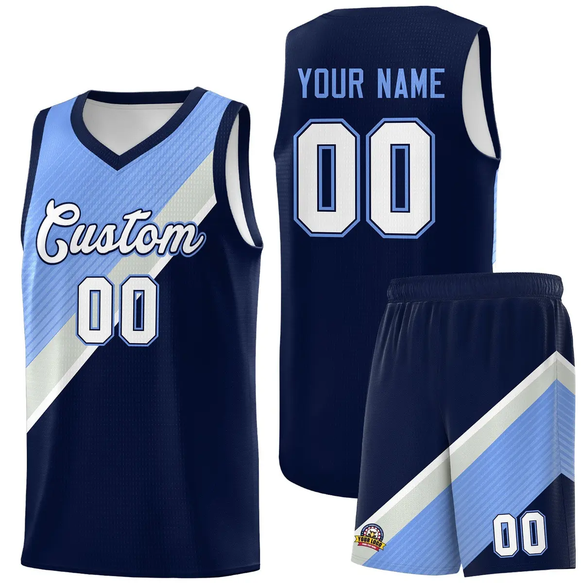 Navy Light Blue Gray Diagonal Stripes Color Block Basketball Jersey
