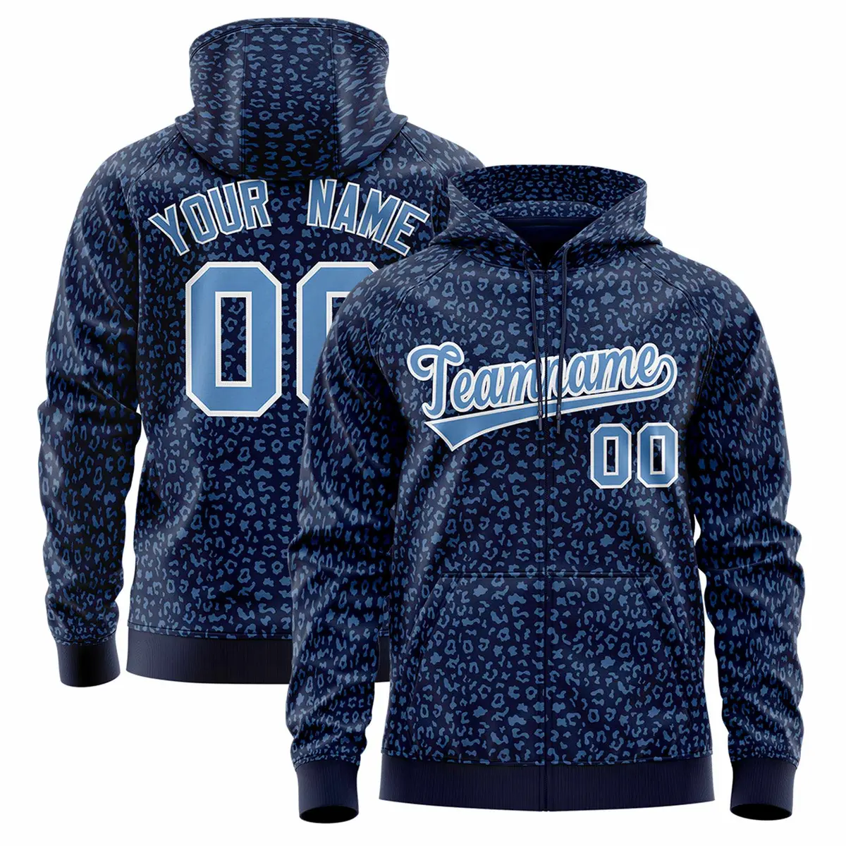 Navy Light Blue Leopard Print Varsity Letterman Jacket Hoodie