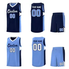 Navy Light Blue U-shaped Pattern Double Side Basketball Jersey 2