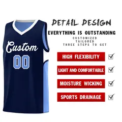 Navy Light Blue U-shaped Pattern Double Side Basketball Jersey 3