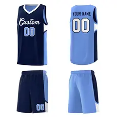 Navy Light Blue U-shaped Pattern Double Side Basketball Jersey 5
