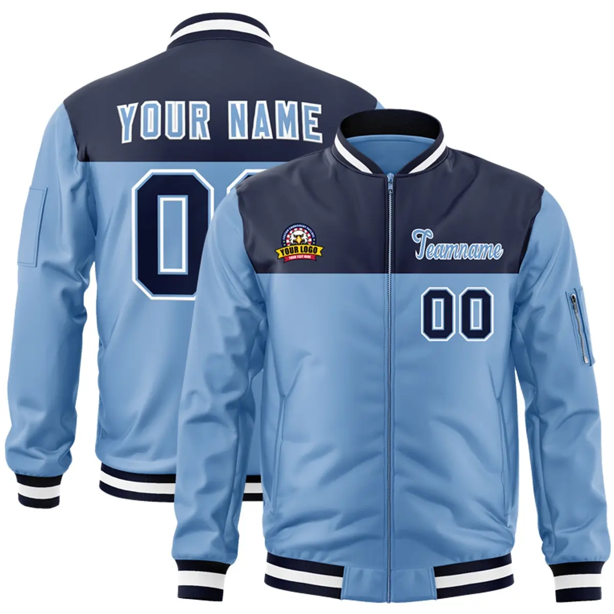 Navy Light Blue Varsity Full-Zip Color Block Letterman Bomber Jacket