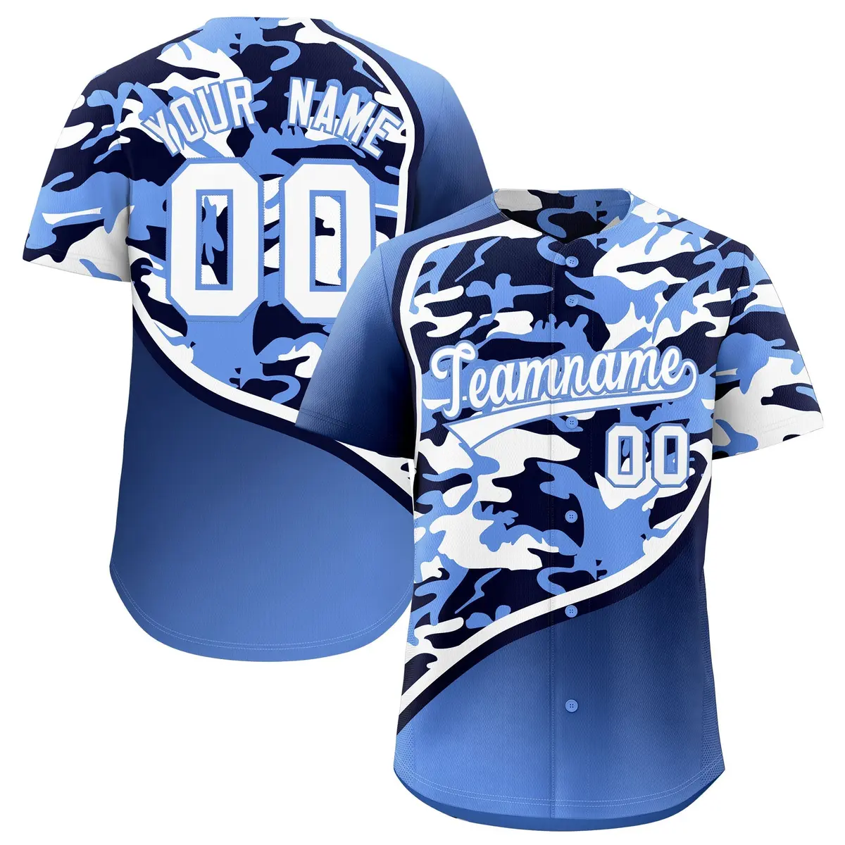 Navy Light Blue White Camo Gradient Fashion Baseball Jersey
