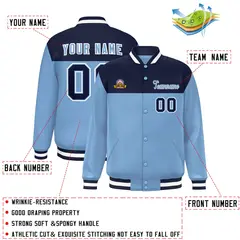 Navy Light Blue-White Color Block Lettermen Baseball Jacket 2