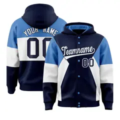 Navy Light Blue White Color Block Varsity Letterman Jacket Hoodie