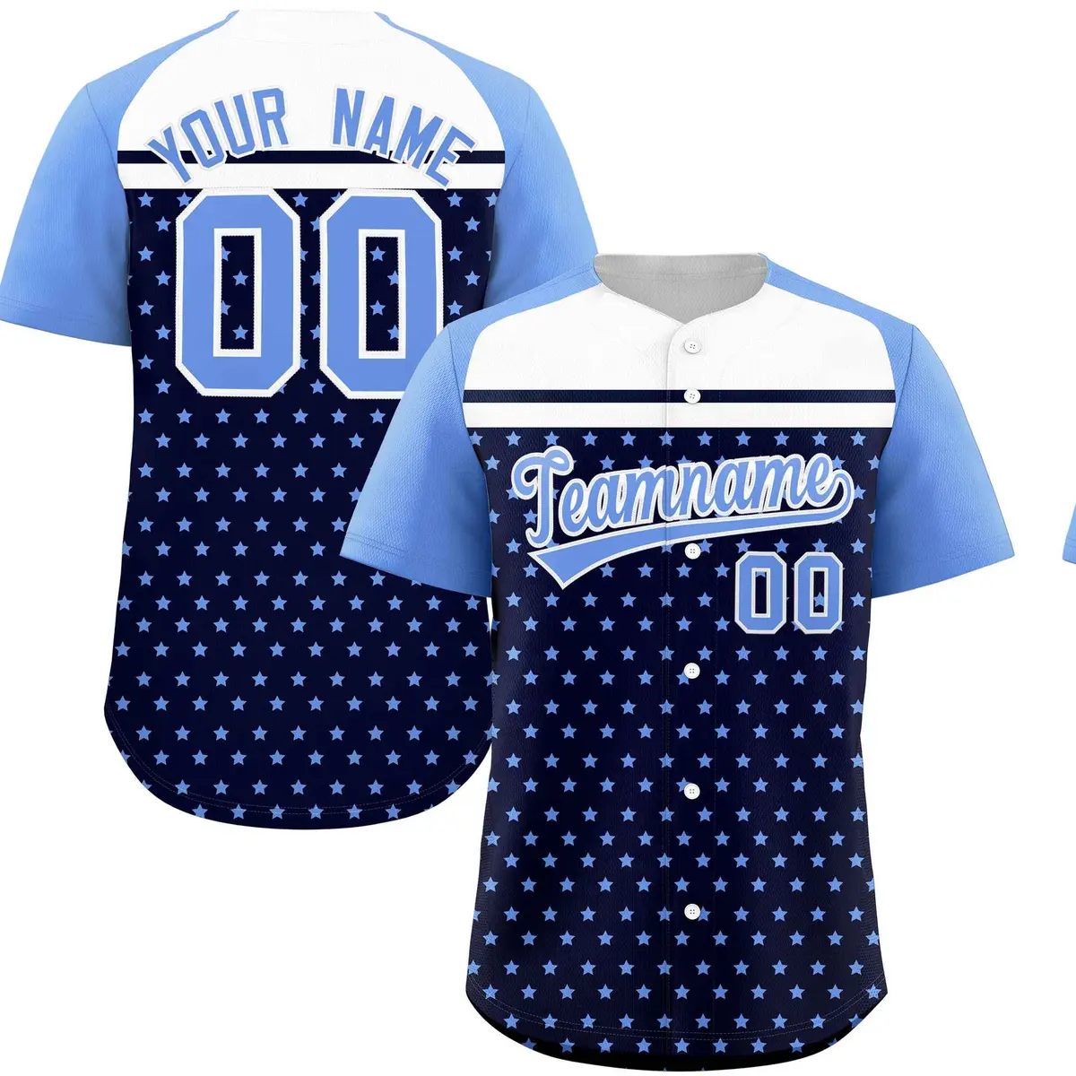 Navy Light Blue-White Raglan Star Print Baseball Jersey