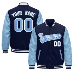 Navy Light Blue White Raglan Varsity Full-Snap Letterman Jacket