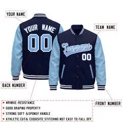 Navy Light Blue White Raglan Varsity Full-Snap Letterman Jacket 3