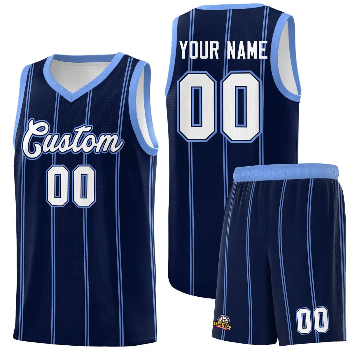 Navy Light Blue White Vertical Stripes Basketball Jersey Set