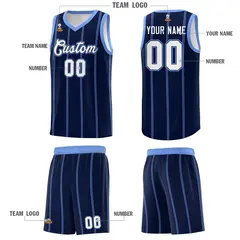Navy Light Blue White Vertical Stripes Basketball Jersey Set 5