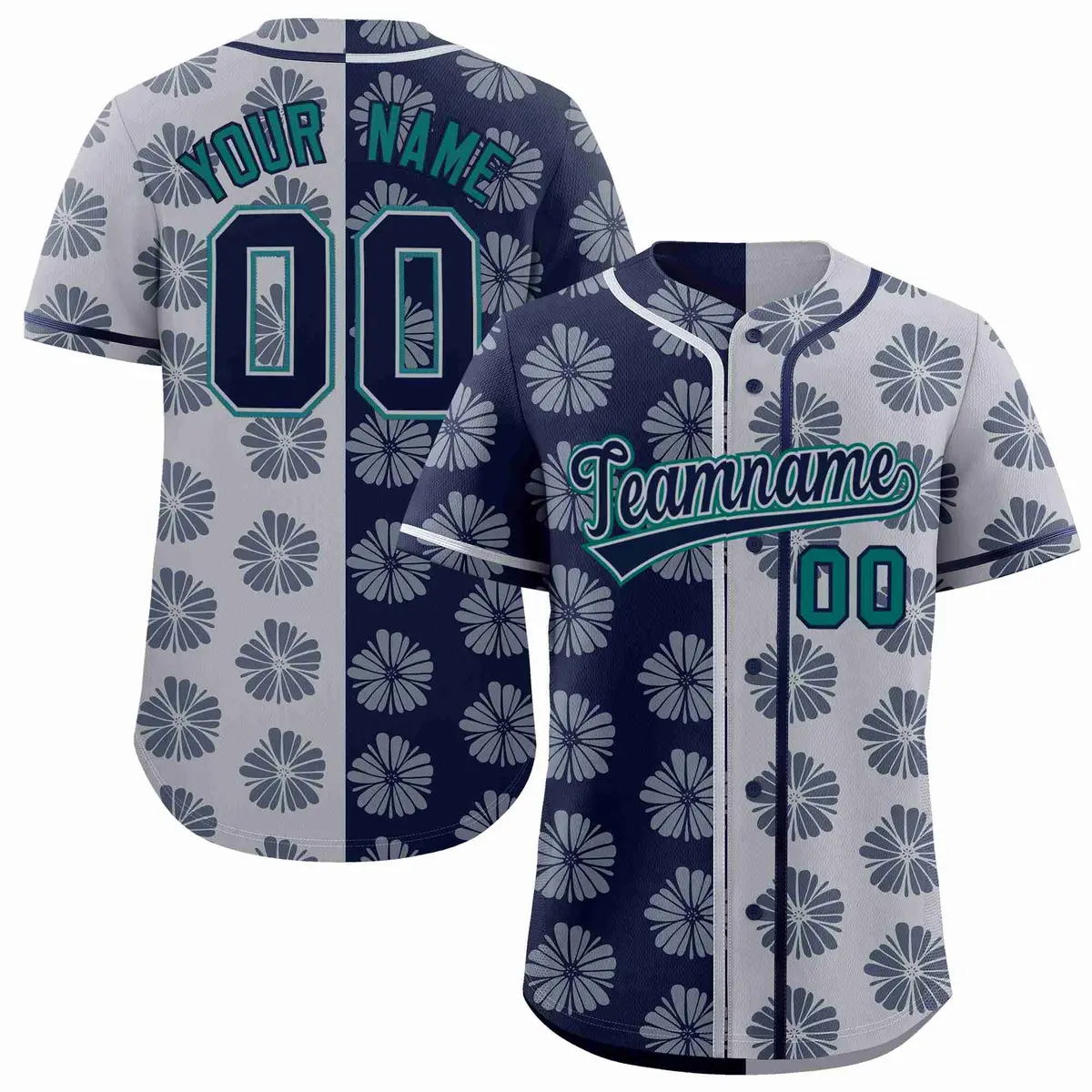 Navy Light Gray Split Flower Graffiti Baseball Jersey