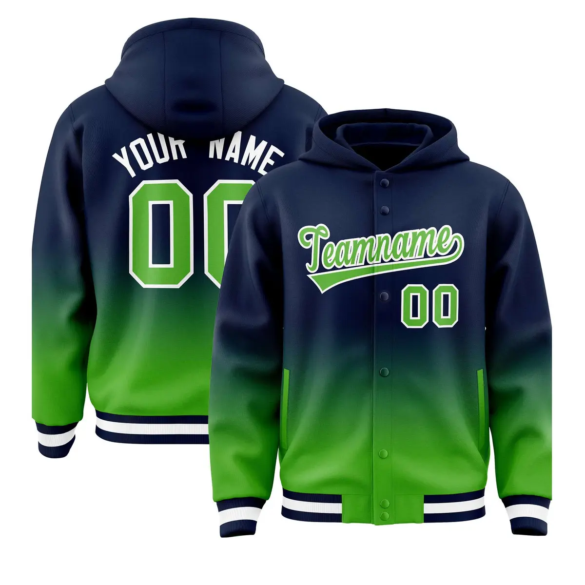Navy Light Green Gradient Letterman Varsity Jacket Hoodie