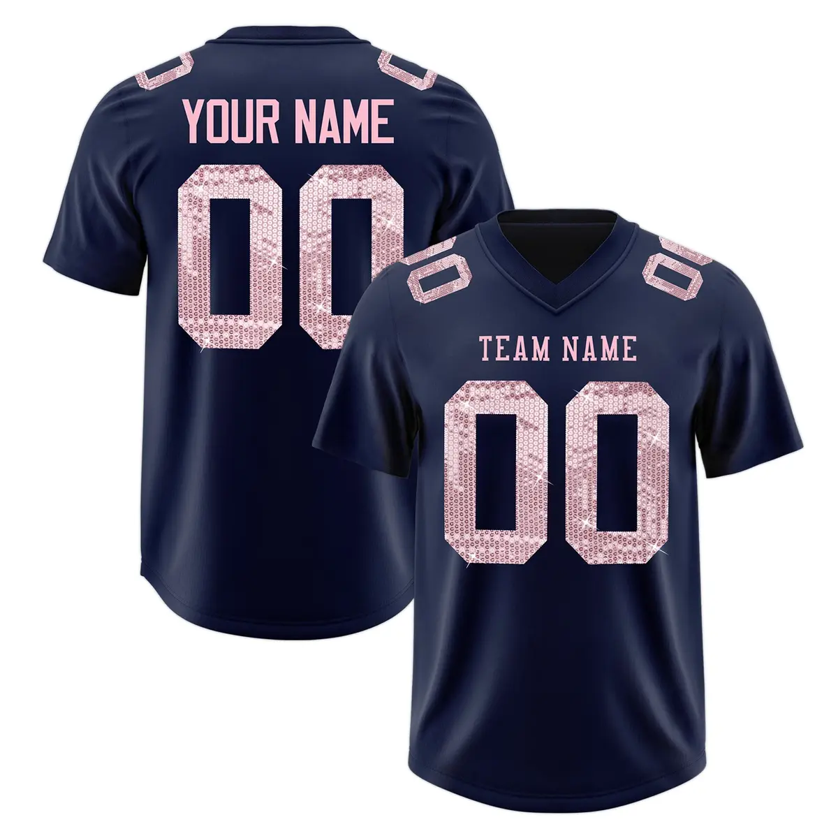 Navy Light Pink Sequin Lettering Football Jersey