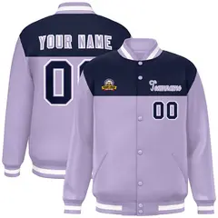Navy Light Purple-White Color Block Full-Snap Varsity Letterman Jacket