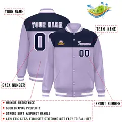 Navy Light Purple-White Color Block Full-Snap Varsity Letterman Jacket 2