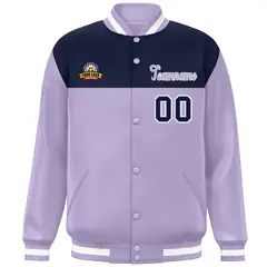 Navy Light Purple-White Color Block Full-Snap Varsity Letterman Jacket 3