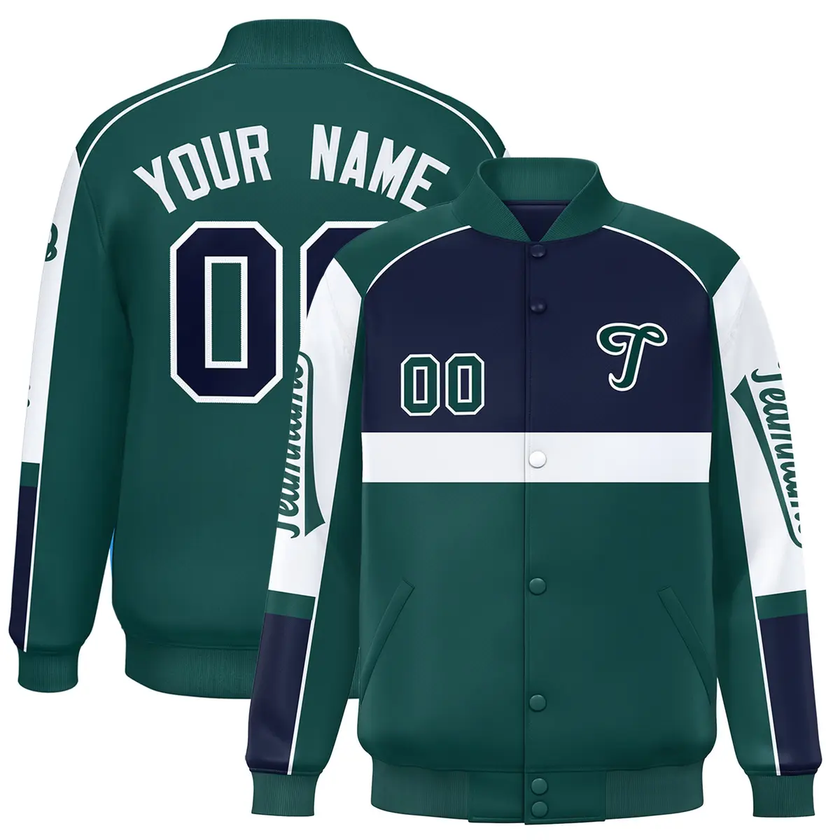 Navy Midnight Green Raglan Sleeves Varsity Letterman Jacket