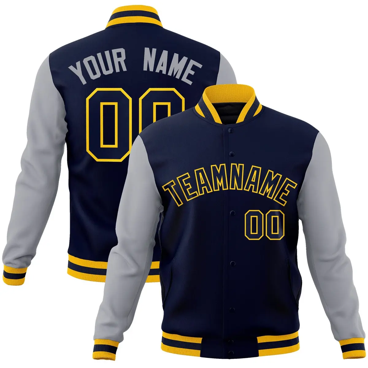Navy Navy-Gold Raglan Sleeves Varsity Full-Snap Letterman Jacket