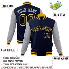 Navy Navy-Gold Raglan Sleeves Varsity Full-Snap Letterman Jacket 4