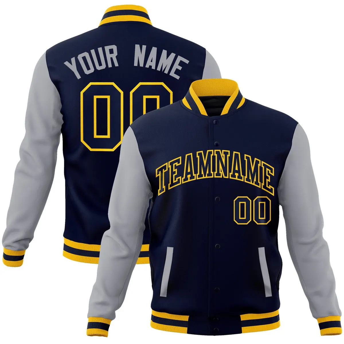 Navy Navy-Gold Raglan Sleeves Varsity Full-Snap Letterman Jacket