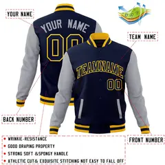 Navy Navy-Gold Raglan Sleeves Varsity Full-Snap Letterman Jacket 4