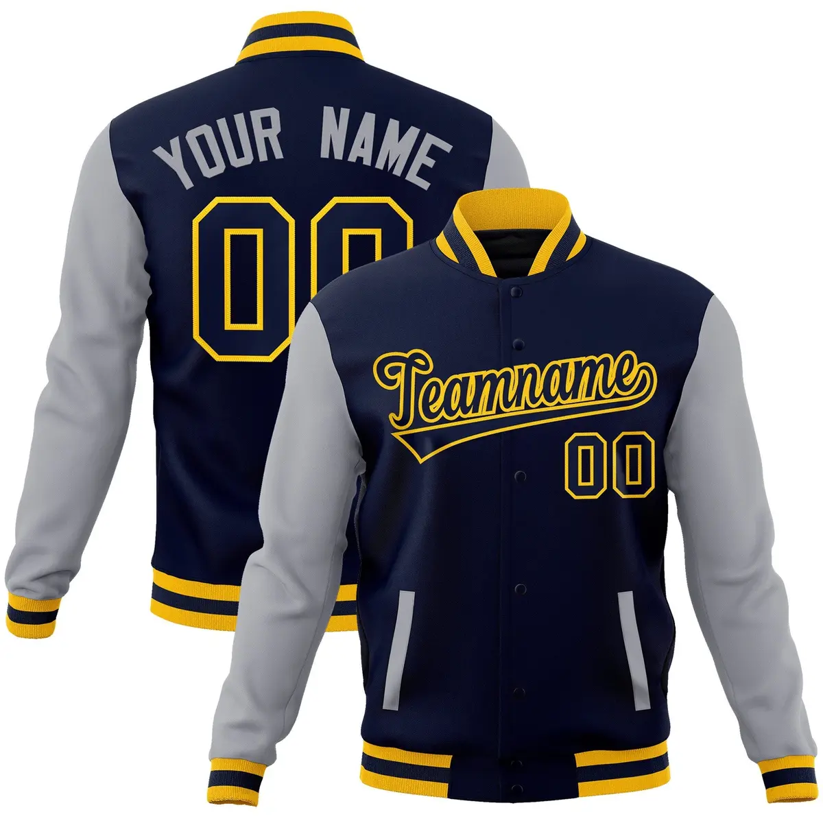Navy Navy-Gold Raglan Sleeves Varsity Full-Snap Letterman Jacket