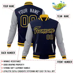Navy Navy-Gold Raglan Sleeves Varsity Full-Snap Letterman Jacket 4