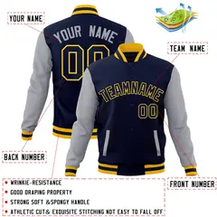 Navy Navy-Gold Raglan Sleeves Varsity Full-Snap Letterman Jacket 4