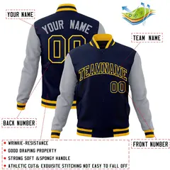 Navy Navy-Gold Raglan Sleeves Varsity Full-Snap Letterman Jacket 4
