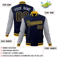 Navy Navy-Gold Raglan Sleeves Varsity Full-Snap Letterman Jacket 4