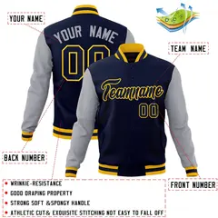 Navy Navy-Gold Raglan Sleeves Varsity Full-Snap Letterman Jacket 4