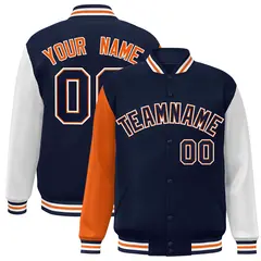 Navy Navy-Orange Raglan Varsity Full-Snap Letterman Jacket