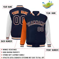 Navy Navy-Orange Raglan Varsity Full-Snap Letterman Jacket 2