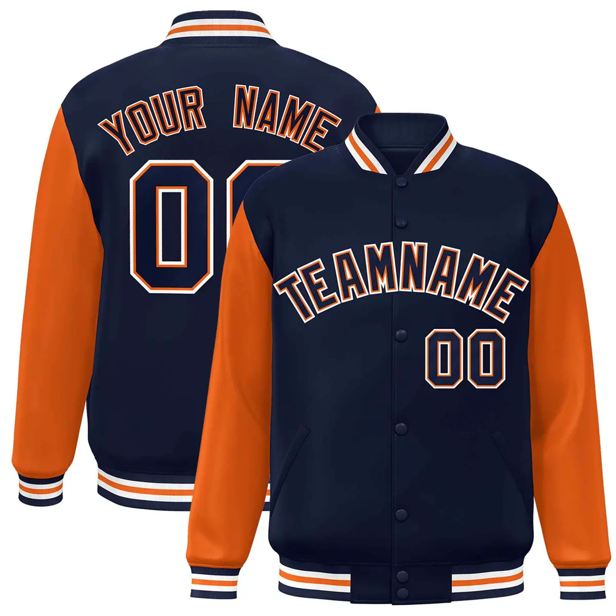 Navy Navy-Orange Raglan Varsity Full-Snap Letterman Jacket