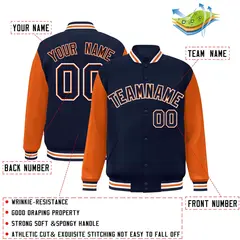 Navy Navy-Orange Raglan Varsity Full-Snap Letterman Jacket 2