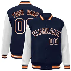 Navy Navy-Orange Raglan Varsity Full-Snap Letterman Jacket