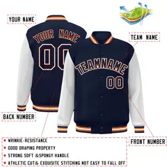 Navy Navy-Orange Raglan Varsity Full-Snap Letterman Jacket 2
