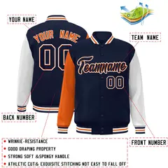 Navy Navy-Orange Raglan Varsity Full-Snap Letterman Jacket 2