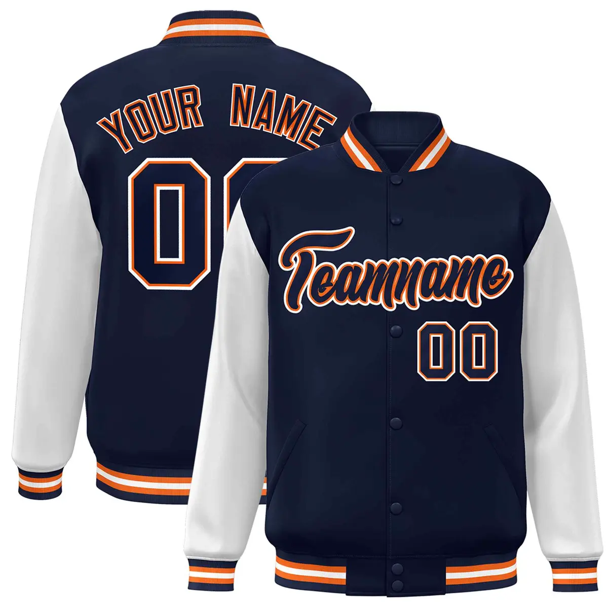 Navy Navy-Orange Raglan Varsity Full-Snap Letterman Jacket