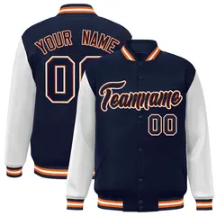 Navy Navy-Orange Raglan Varsity Full-Snap Letterman Jacket